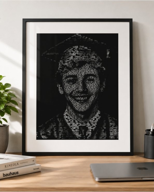 Framed word-art portrait of a graduate, matted in a black frame on a desk
