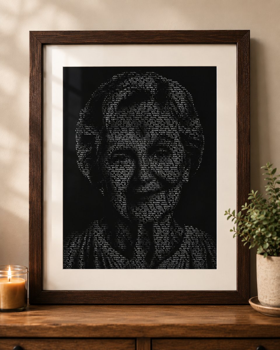 Framed word-art memorial portrait, matted in a walnut frame on a console