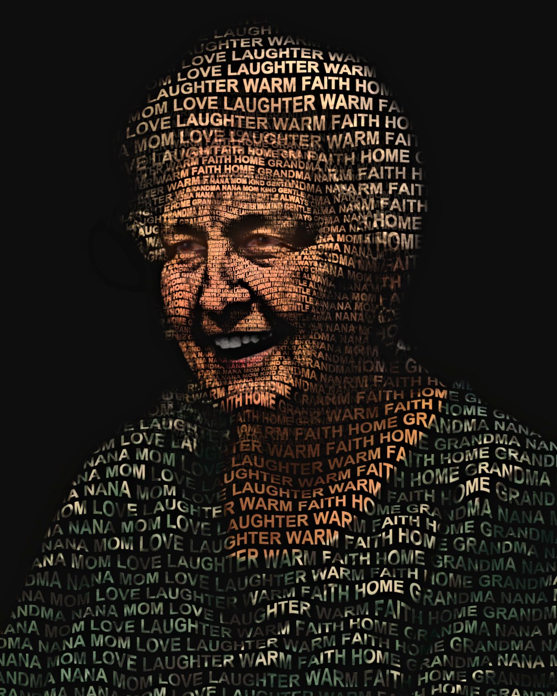 A Lifelike word-portrait of a grandmother, made from the words that describe her