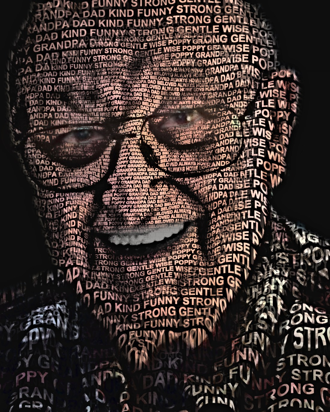 A Lifelike word-portrait of a grandfather, made from the words that describe him